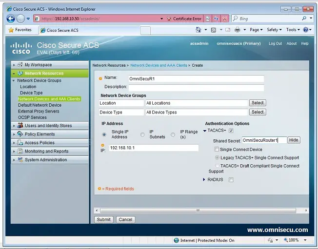 Cisco secure ACS add router hostname ip address shared secret