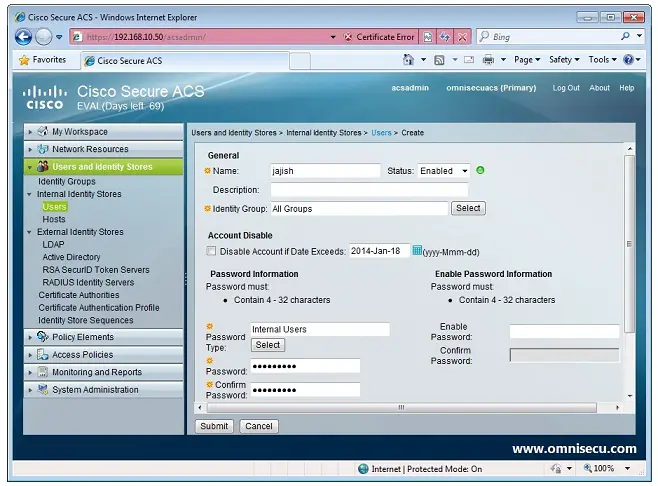 Cisco Secure ACS add user enter details