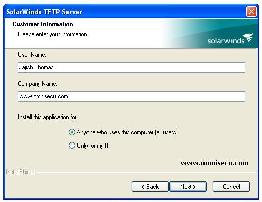 Solarwinds TFTP Server installation customer information