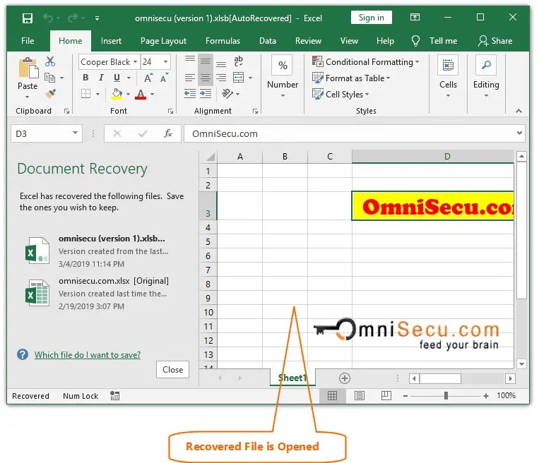 Excel AutoRecovered file opened