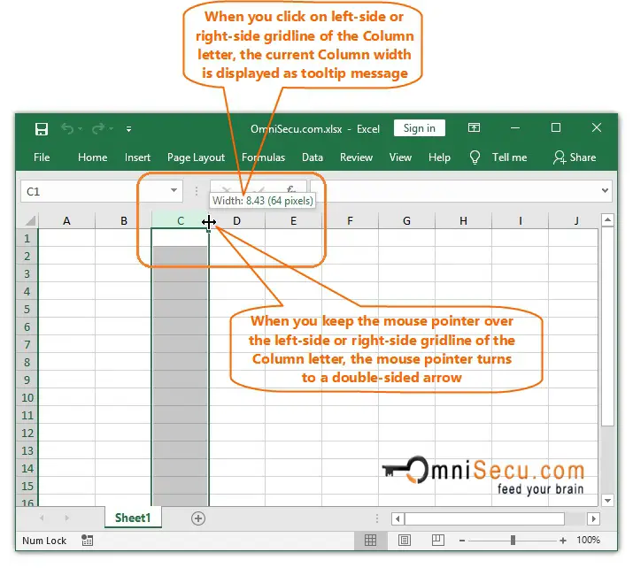 Column letter gridline is clicked to change the width