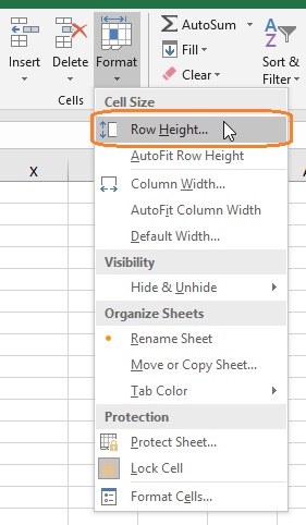 Open Row height dialog box from Excel Ribbon
