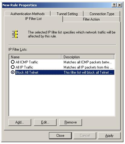 Block All Telnet IPSec IP filter list created