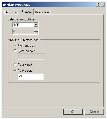 Protocol and port number for IPSec IP filter list