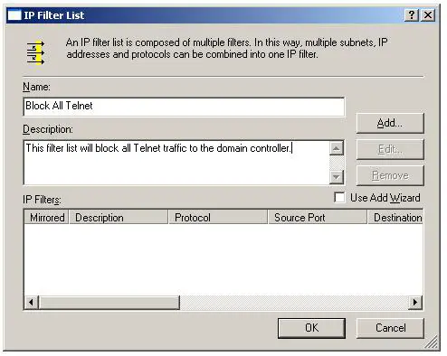 New IPSec IP filter list dialog box