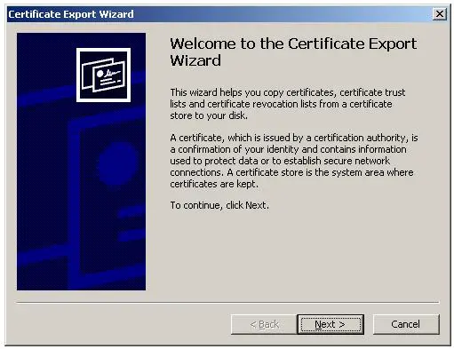 Certificate Export Wizard - Welcome Screen