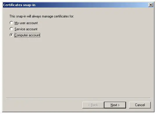 Import Root Certificate to Trusted Root CA store - Select Computer Account