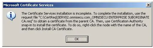 Installing Enterprise Subordinate Certificate Authority - Installation incomplete