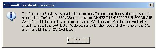 Installing Enterprise Subordinate Certificate Authority - Installation incomplete