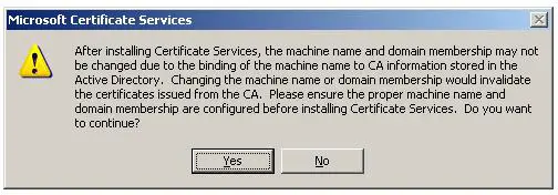 Installing Enterprise Subordinate Certificate Authority - Machine Name Confirmation