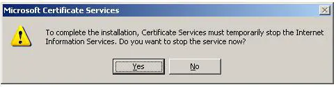 Installing Enterprise Subordinate Certificate Authority - Stop IIS Confirm