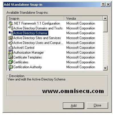 Active Directory Schema MMC Add Stand Alone Snap-in dialog