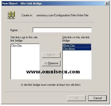 Active Directory Sites and Services new object Site Link bridge dialog
