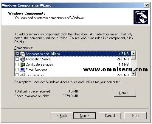 DNS Installation Windows Components Dialog box