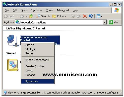 Configure static IP Address - Right Click Local Area Connection