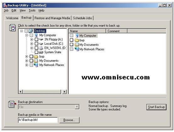 Backup utility ntbackup advanced mode