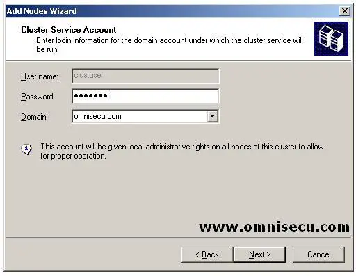 Failover Server Cluster Administratrator Add nodes wizard Cluster Service Account Screen