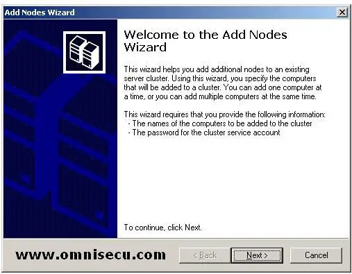 Failover Server Cluster Administratrator Add nodes wizard welcome screen.JPG