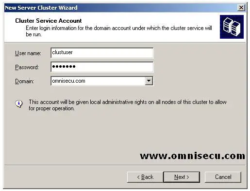 New Cluster wizard Cluster Service Account and Password