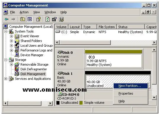 Disk Management MMC snapin context menu new basic partition