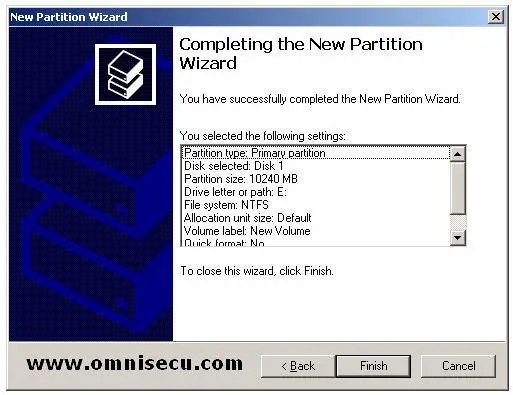 Primary completing the new partition wizard
