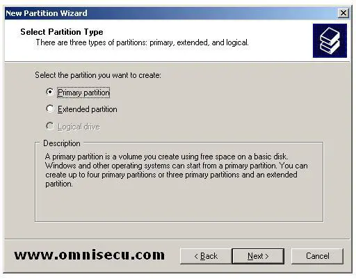 Primary New partition wizard select partition type