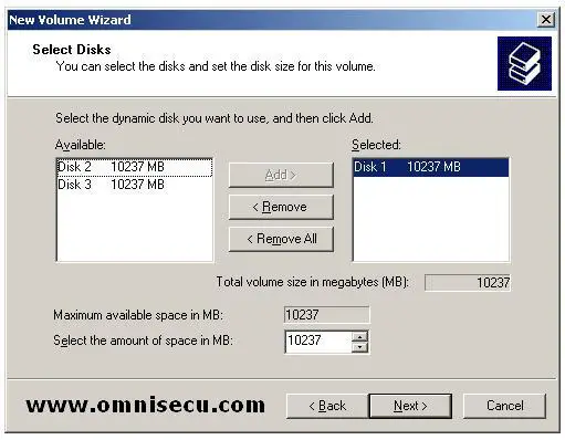 New Volume wizard select disks