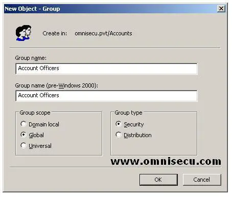 Active Directory Users and computers new object group dialog