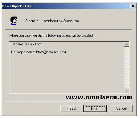 Active Directory Users and Computers new object user dialog finish