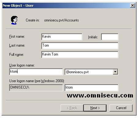 Active Directory Users and Computers New Object User Dialog Box