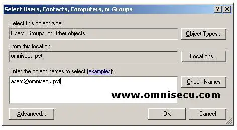 Select Users Contacts Computers Groups dialog