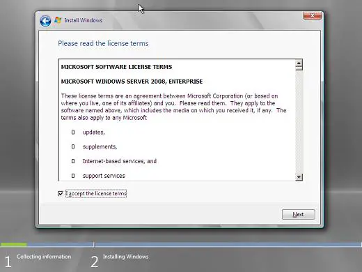 Windows 2008 installation accept licence terms