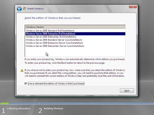 Windows 2008 installation select edition