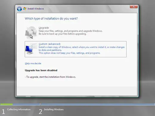 Windows 2008 installation type