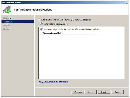 PowerShell installation Confirm Installation Selections Screen