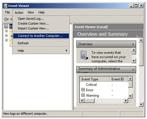 Event Viewer MMC snap-in action connect to another computer