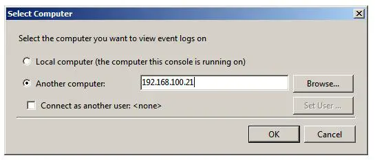 Event Viewer MMC snap-in select computer