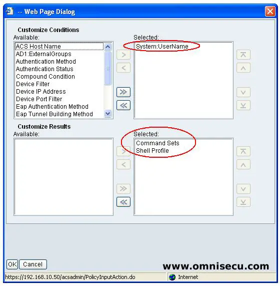 Cisco Secure ACS Access Policy Authorization Customize Dialog