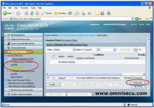 Cisco Secure ACS Access Policy Authorization Customize