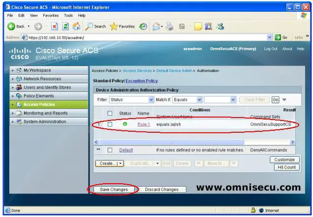 Cisco Secure ACS Access Policy Authorization Rule