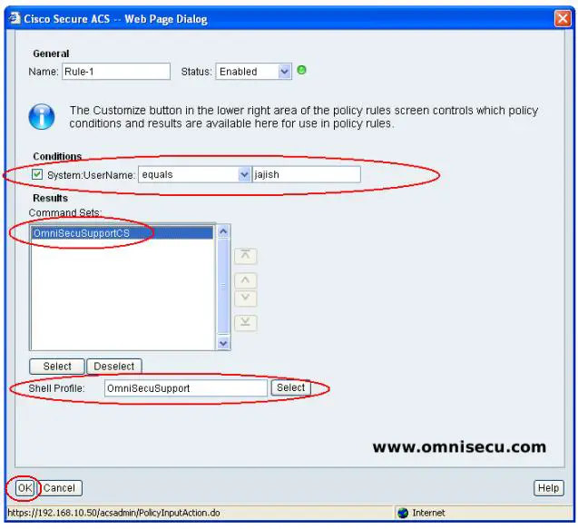 Cisco Secure ACS Access Policy Authorization User shell profile command set