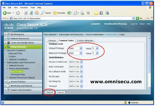 Cisco Secure ACS Shell Profile Default Maximum Privilege