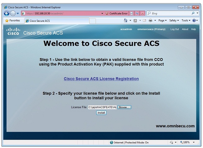 Connect Cisco ACS server license install