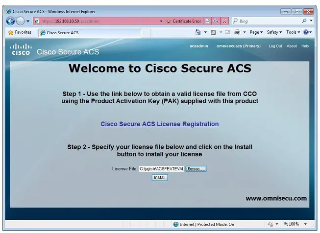 Connect Cisco ACS server license install