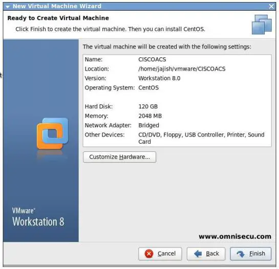 VMware ready to create virtual machine