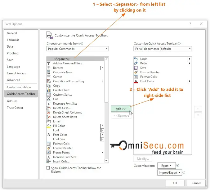Add separator to Excel Quick Access Toolbar 01