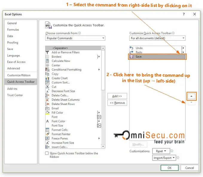 Excel options - Quick Access Toolbar Panel