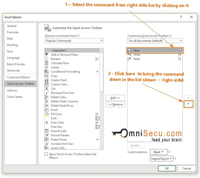 Excel options - Quick Access Toolbar Panel