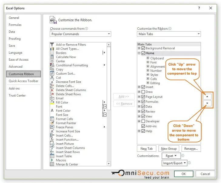 Change position of Excel Ribbon Components