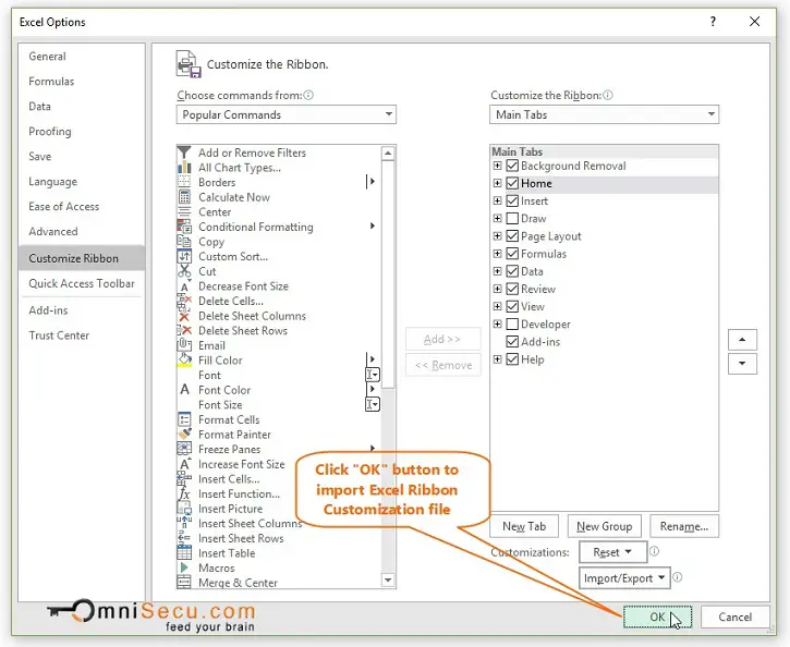 Click OK to Replace Excel Ribbon Customization file